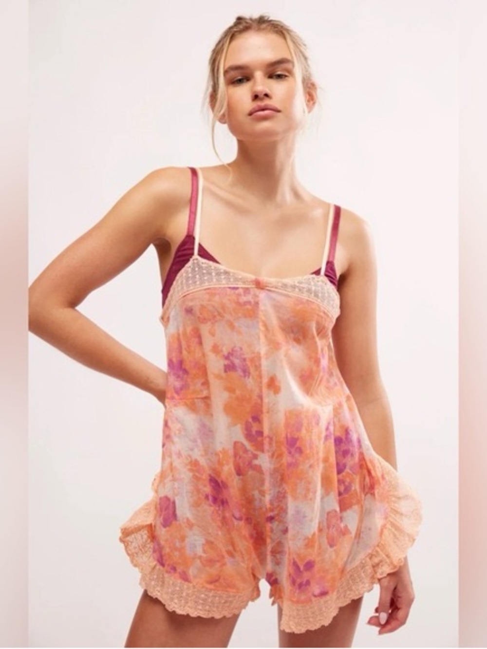 Floral Peach-Orange Satin Lace-Trim Sleep Romper